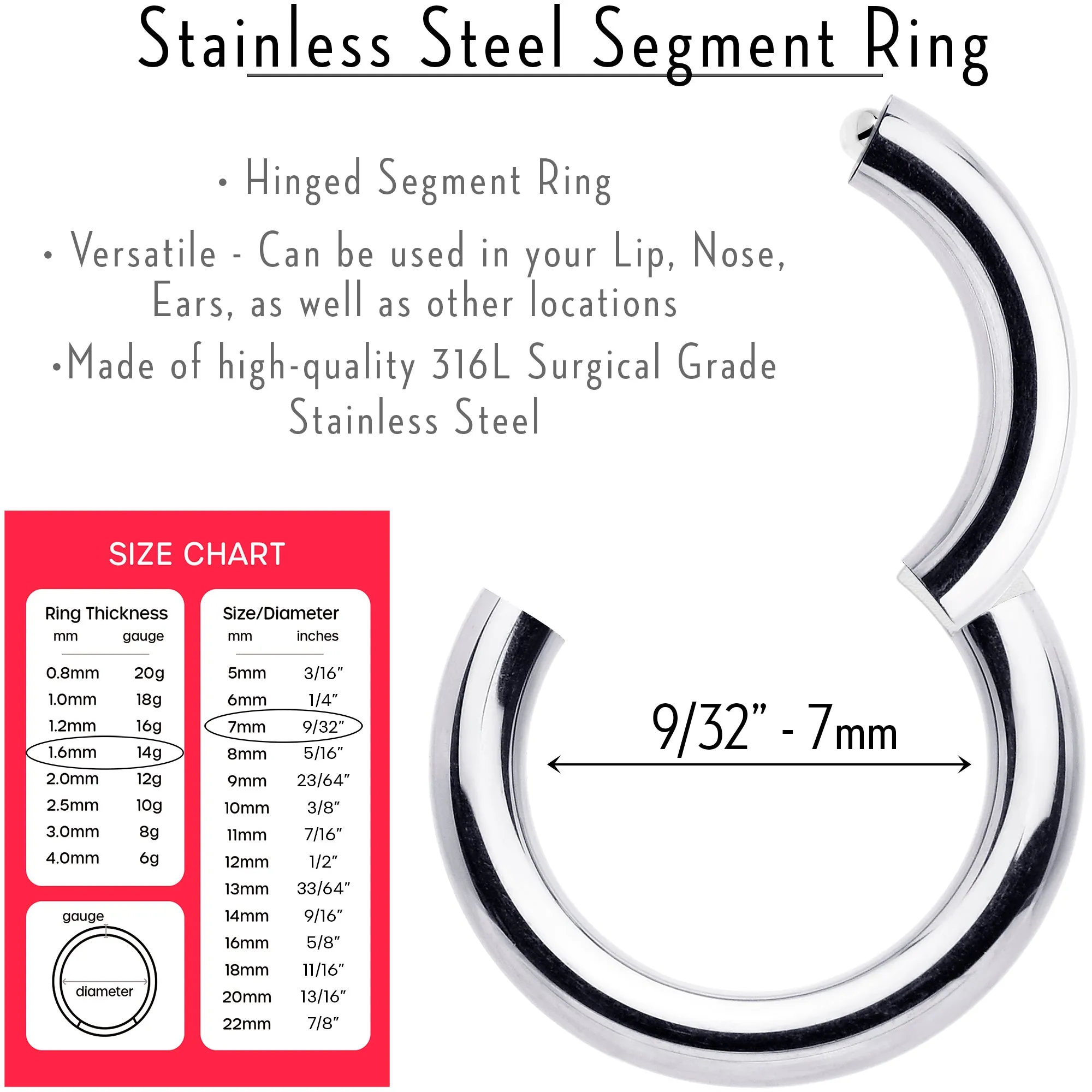14 Gauge 7mm 316L Surgical Steel Precision Hinged Segment Hoop