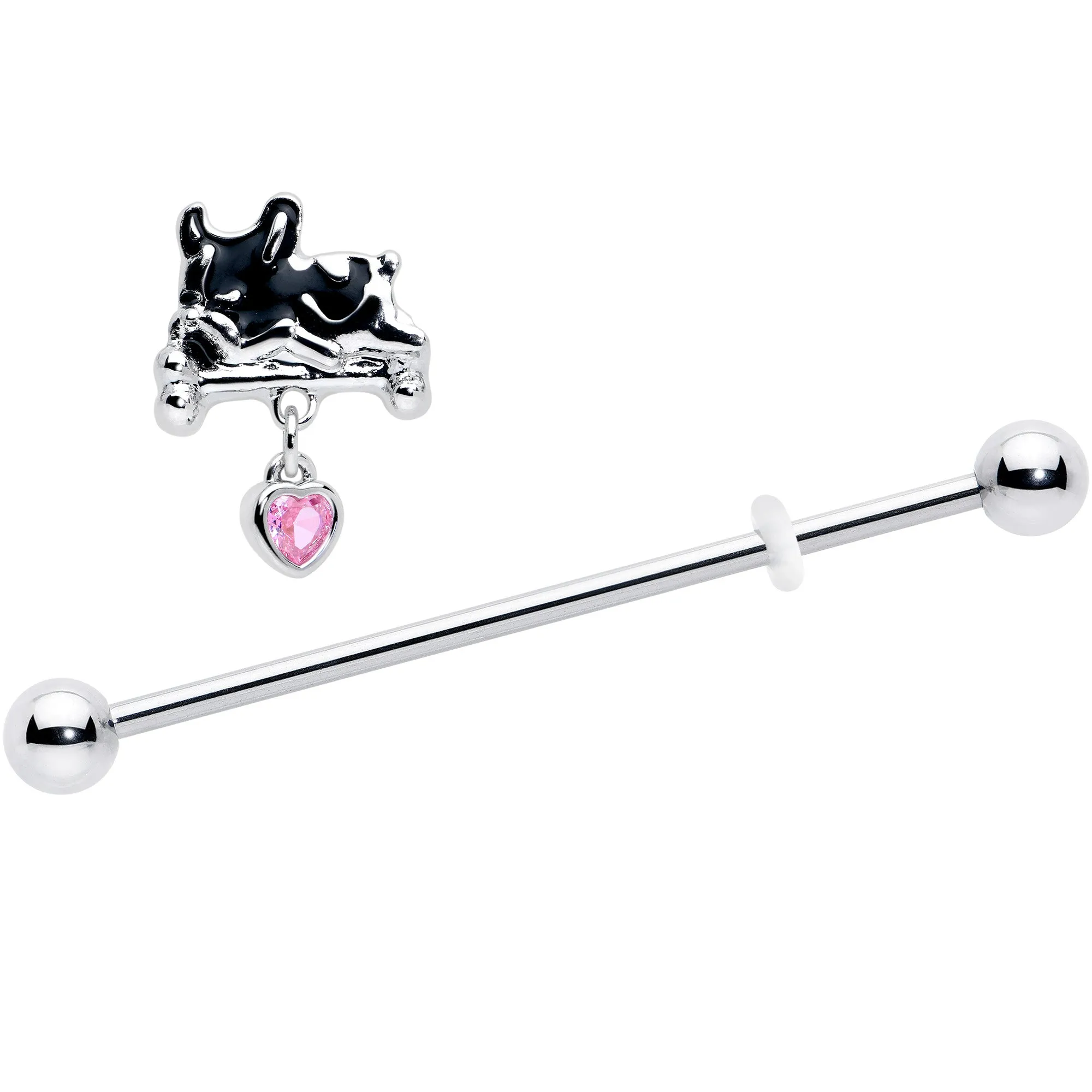 14 Gauge Pink Gem Sleepy French Bulldog Dangle Industrial Barbell 38mm