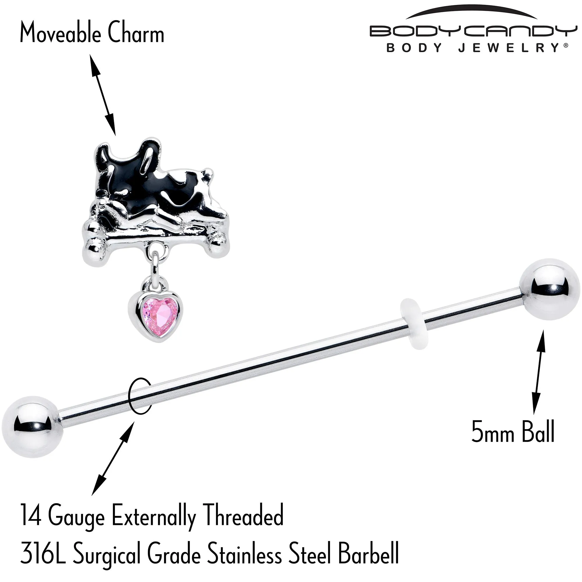 14 Gauge Pink Gem Sleepy French Bulldog Dangle Industrial Barbell 38mm