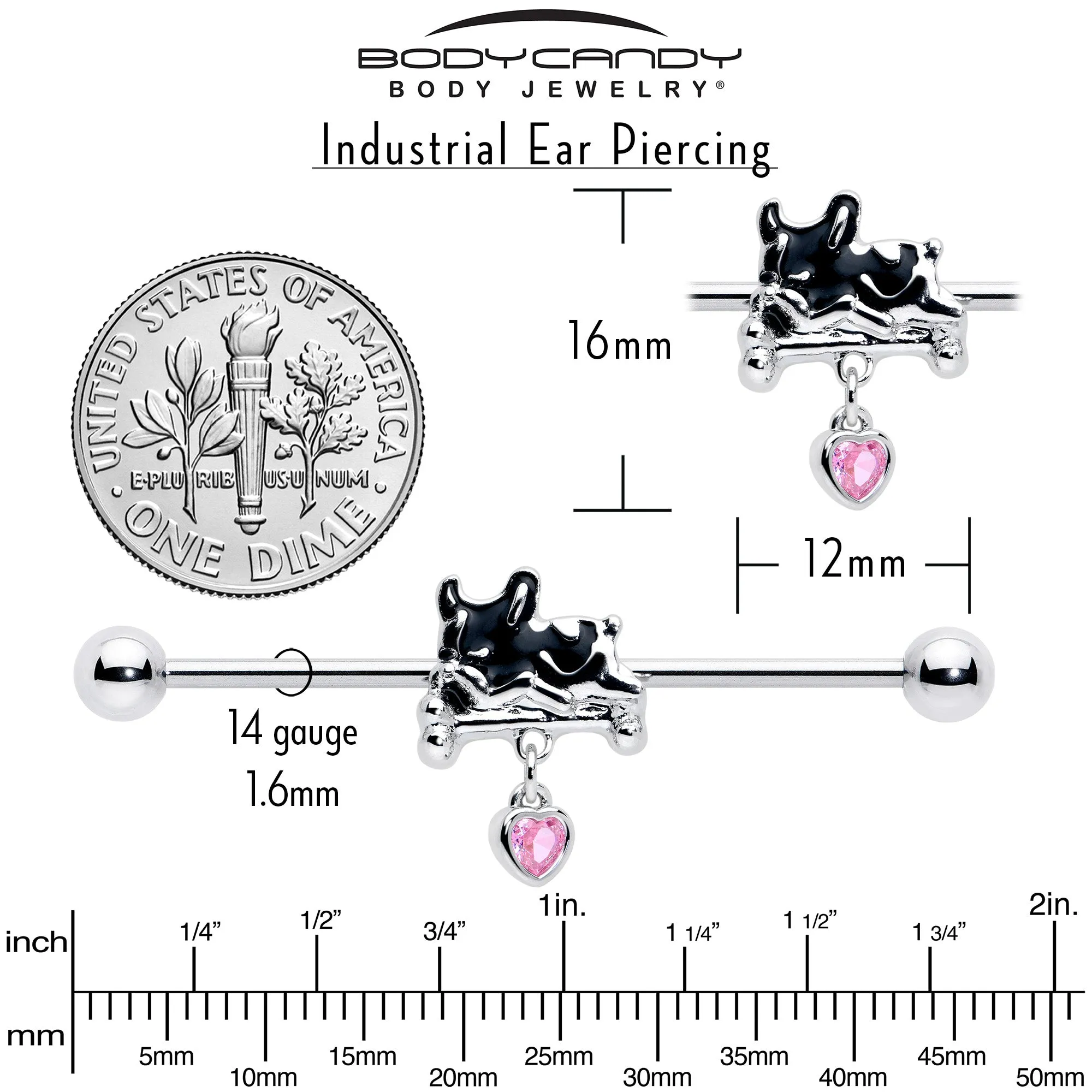 14 Gauge Pink Gem Sleepy French Bulldog Dangle Industrial Barbell 38mm