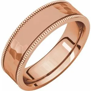 14K Rose 6 mm Flat Milgrain Band with Satin & Hammer Finish Size 10