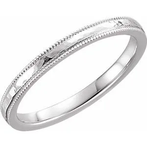14K White 2 mm Flat Band with Hammer Finish & Milgrain  Size 6