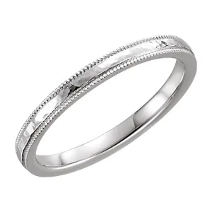 14k White Gold 2mm Flat Comfort Fit Milgrain Hammer Finish Band Size 5