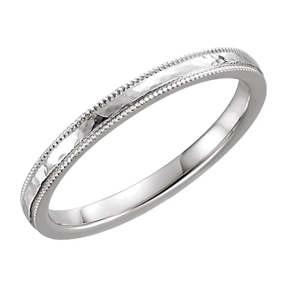14k White Gold 2mm Flat Comfort Fit Milgrain Hammer Finish Band Size 5