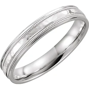 14k White Gold 4mm Flat Edge Comfort Fit Milgrain Hammer Finish Band Size 10