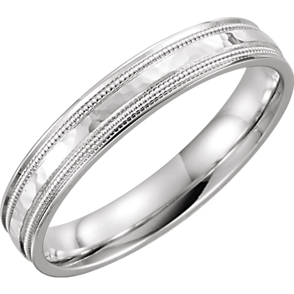 14k White Gold 4mm Flat Edge Comfort Fit Milgrain Hammer Finish Band Size 10