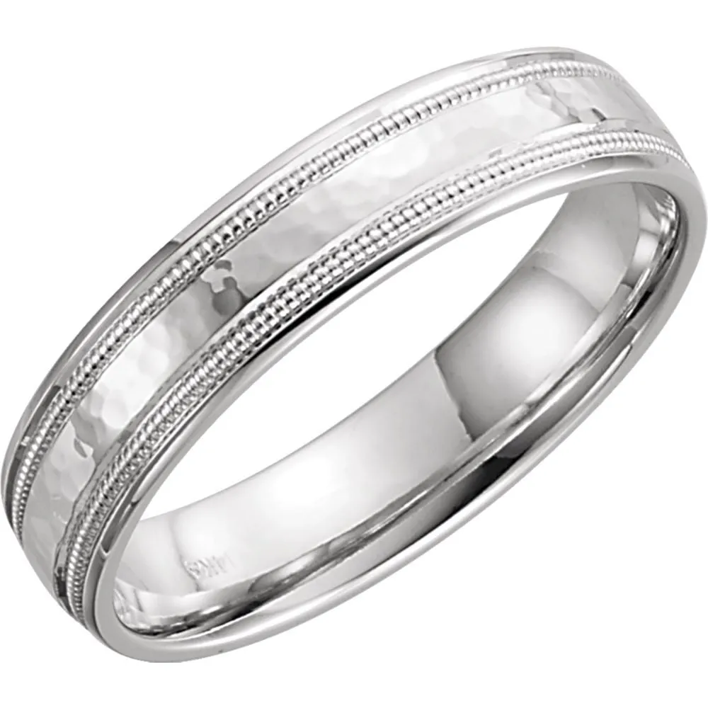 14k White Gold 5mm Flat Edge Comfort Fit Milgrain Hammer Finish Band Size 11