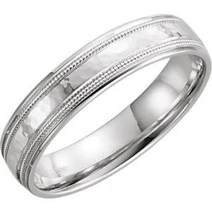 14k White Gold 5mm Flat Edge Comfort Fit Milgrain Hammer Finish Band Size 11