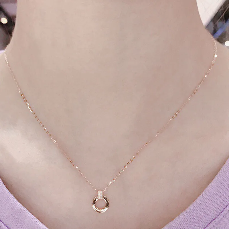 18K Gold 0.03ct Real Diamond Circle Simple Pendant Necklace