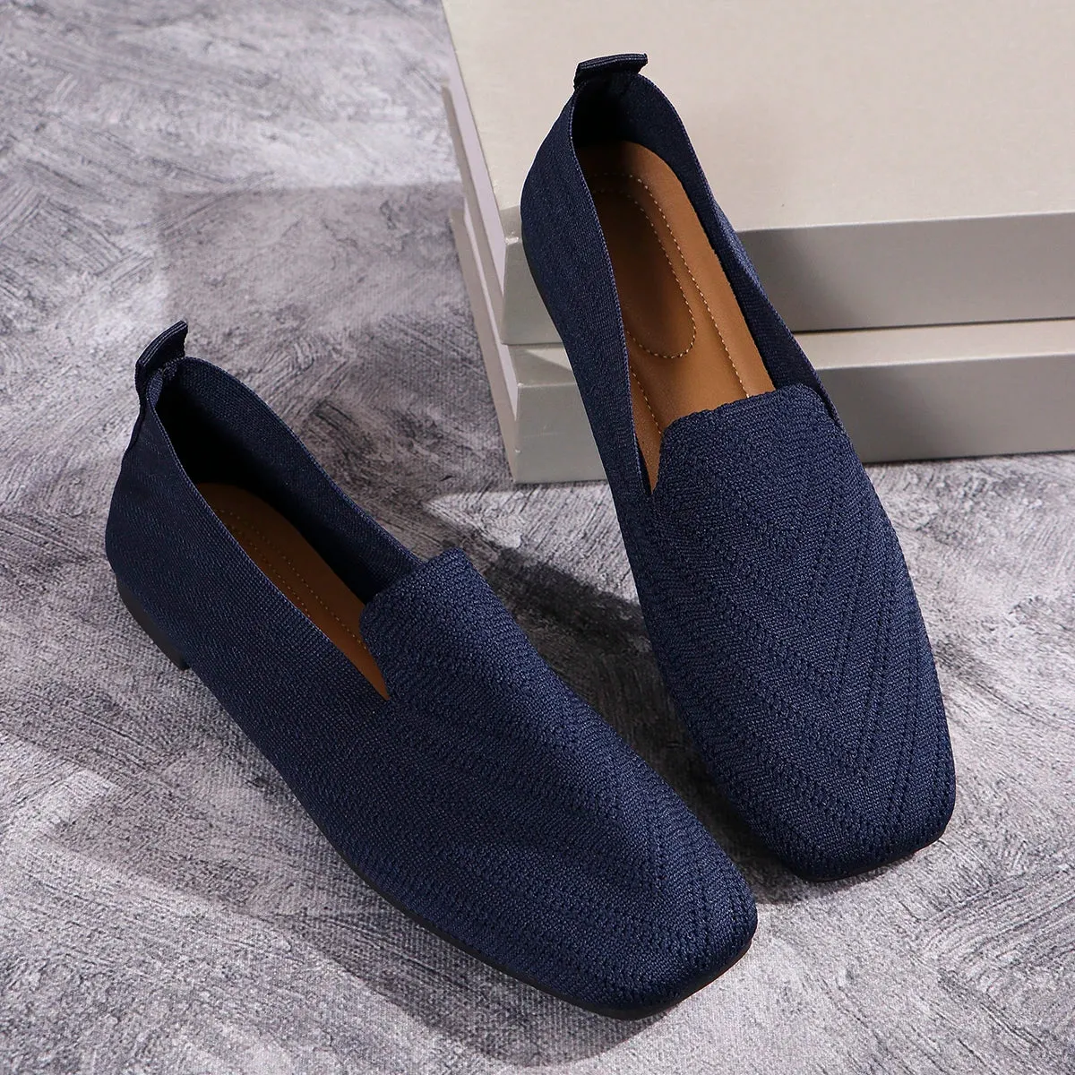 2024 Solid Color Square Toe Mesh Loafers Shallow Women Flats Shoes Soft Bottom Knit Ballet Flats Shoes Casual Slip on Shoes