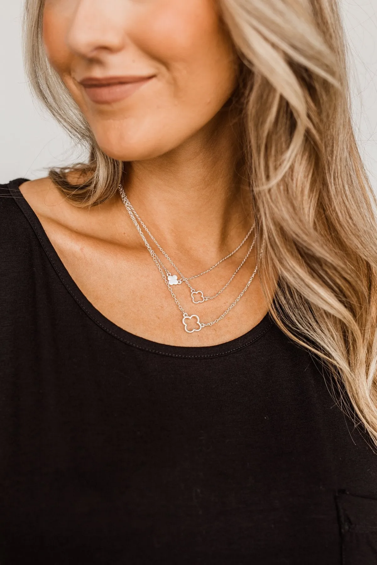 3 Tier Clover Pendant Necklace- Silver