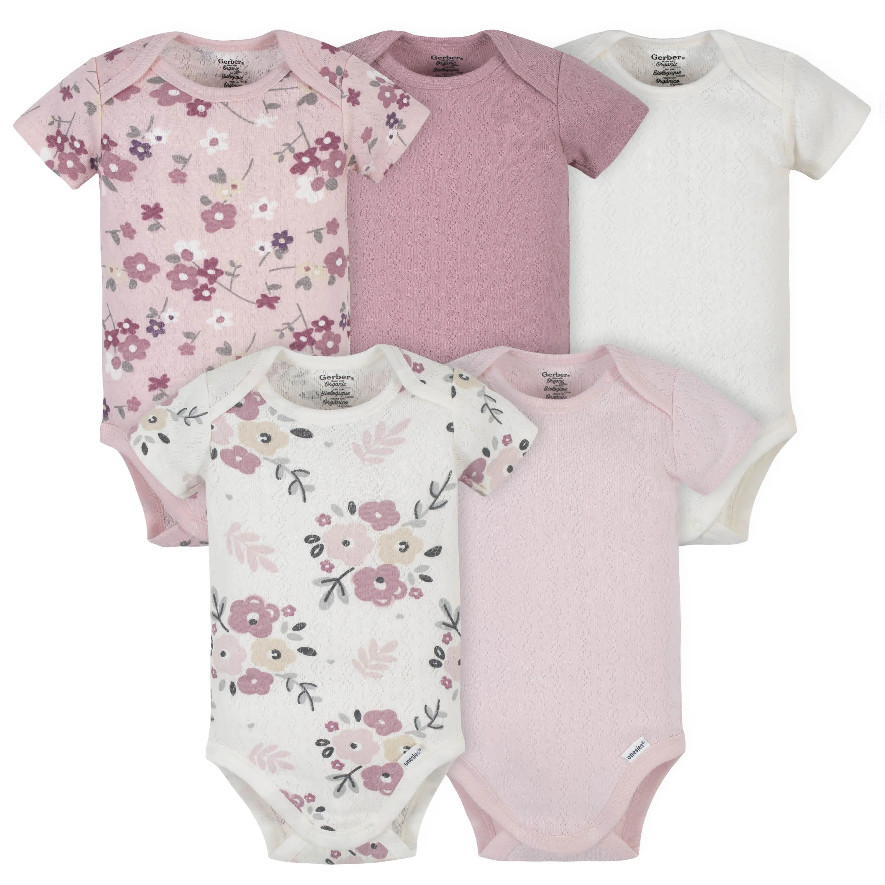 5-Pack Organic Baby Girls Floral Short Sleeve Onesies® Bodysuits