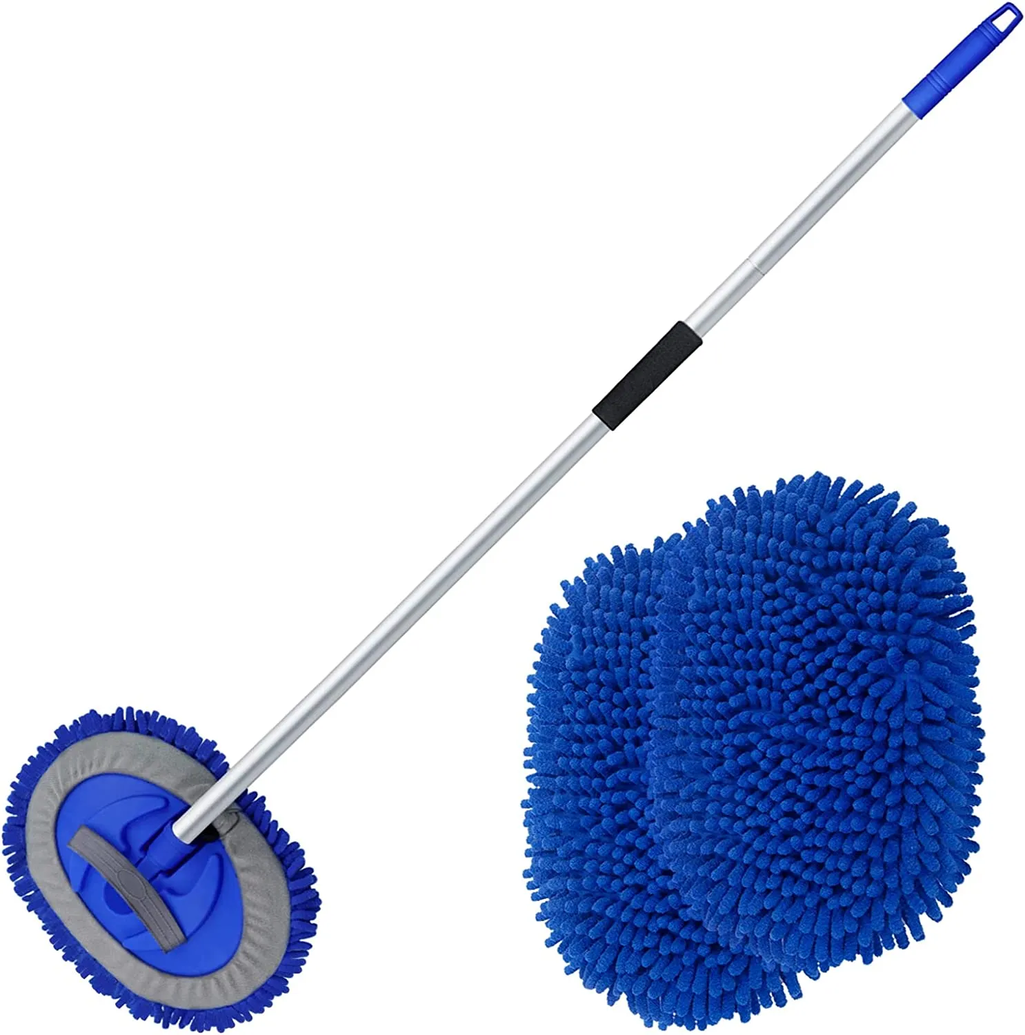 62" Microfiber Car Wash Brush Mop Kit Mitt Sponge with Long Handle Car Cleaning Supplies Kit Duster Washing Car Tools Accessories, 1 Chenille Scratch-Free Replacement Head Aluminum Alloy Pole