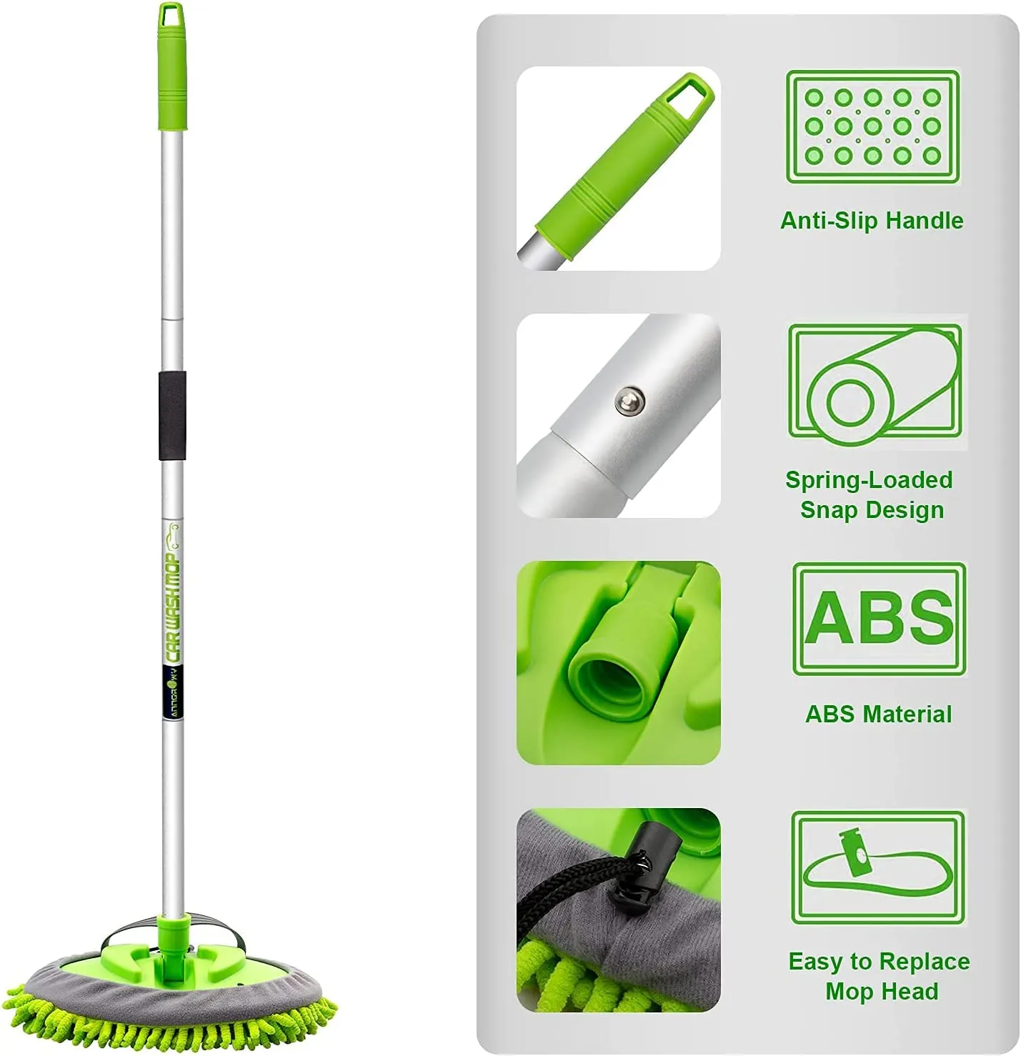 62" Microfiber Car Wash Brush Mop Kit Mitt Sponge with Long Handle Car Cleaning Supplies Kit Duster Washing Car Tools Accessories, 1 Chenille Scratch-Free Replacement Head Aluminum Alloy Pole