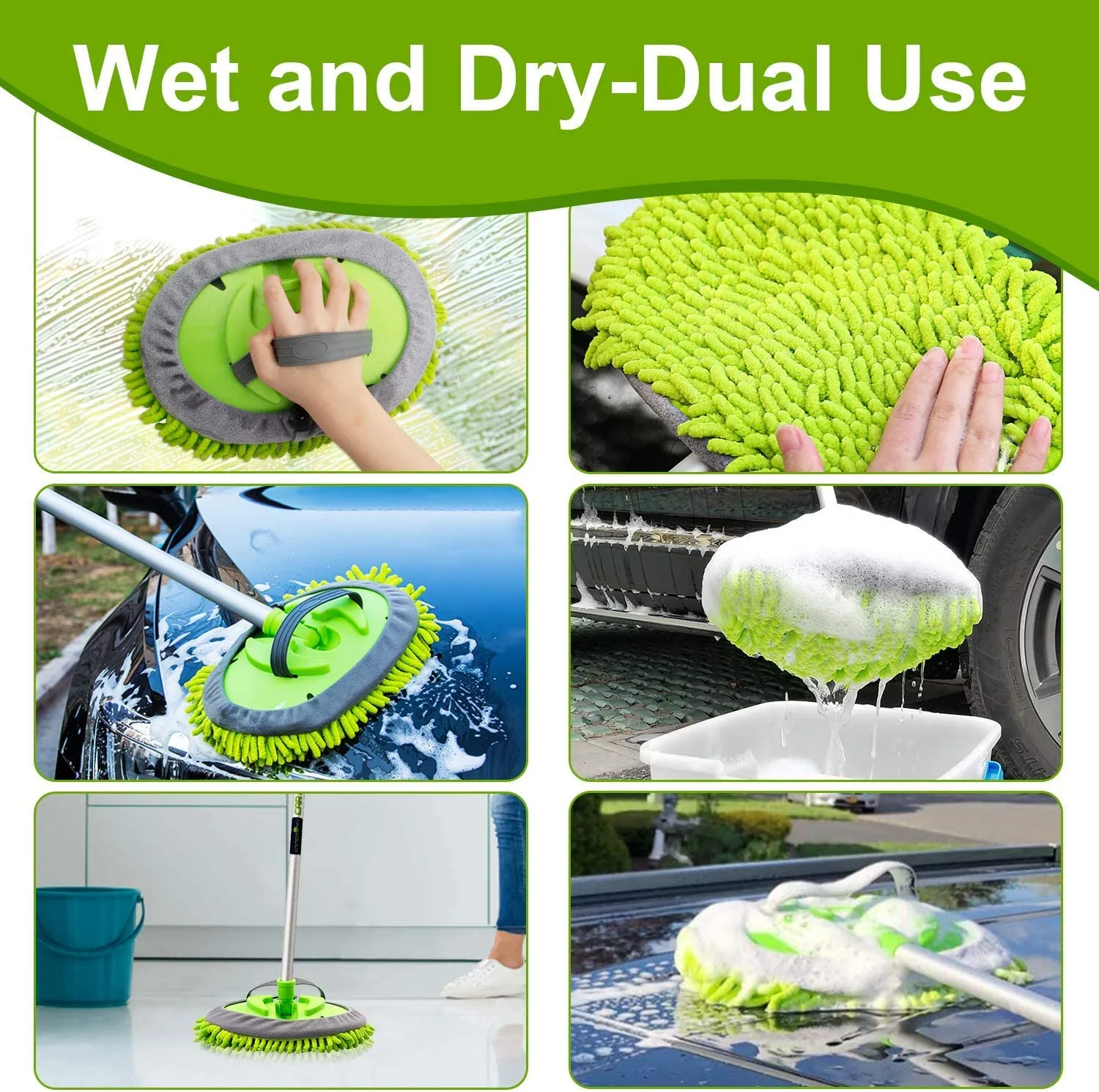 62" Microfiber Car Wash Brush Mop Kit Mitt Sponge with Long Handle Car Cleaning Supplies Kit Duster Washing Car Tools Accessories, 1 Chenille Scratch-Free Replacement Head Aluminum Alloy Pole