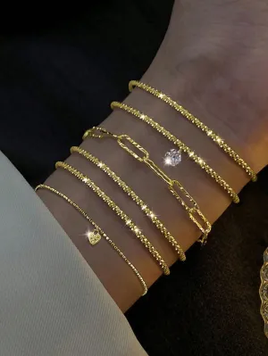 6pcs/Set Simple Copper Glittering Heart & Rhinestone Decor Chain Bracelet