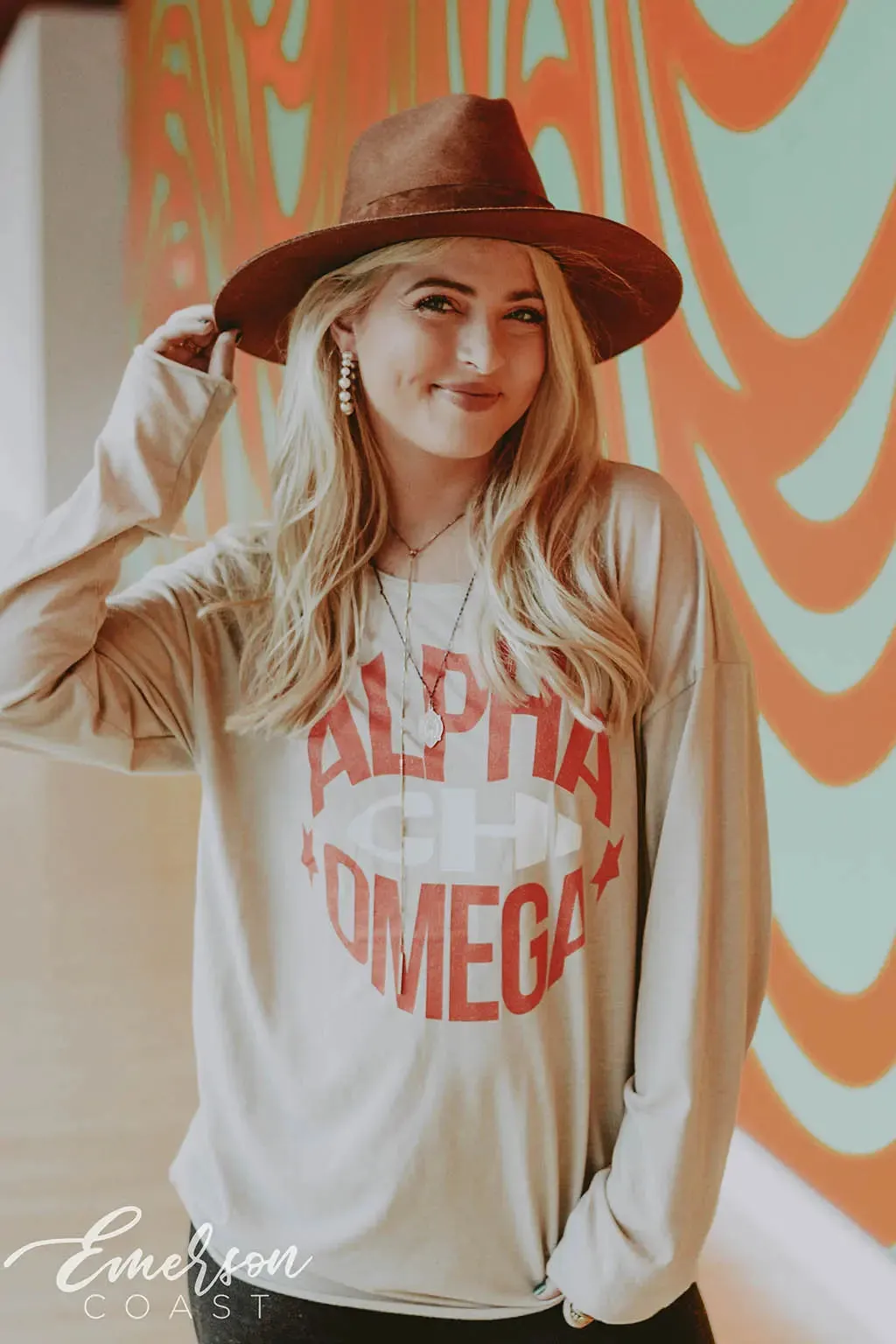 Alpha Chi Omega Raw Neck Long Sleeve Tee