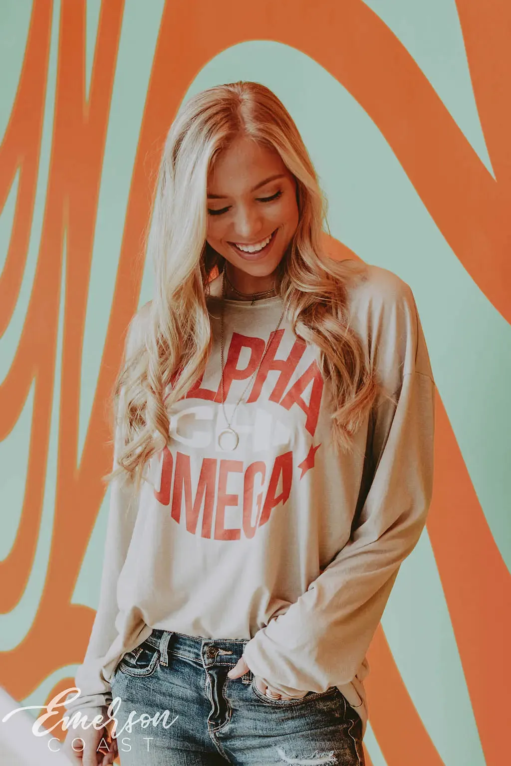 Alpha Chi Omega Raw Neck Long Sleeve Tee