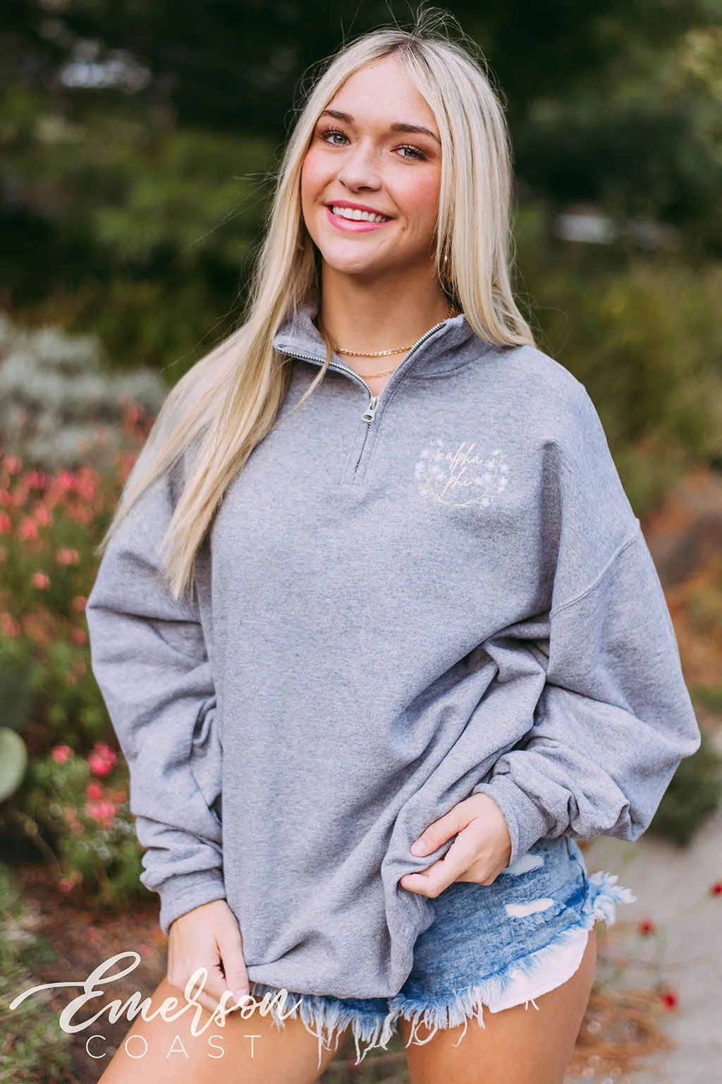 Alpha Phi Simple Floral Quarter Zip Pullover