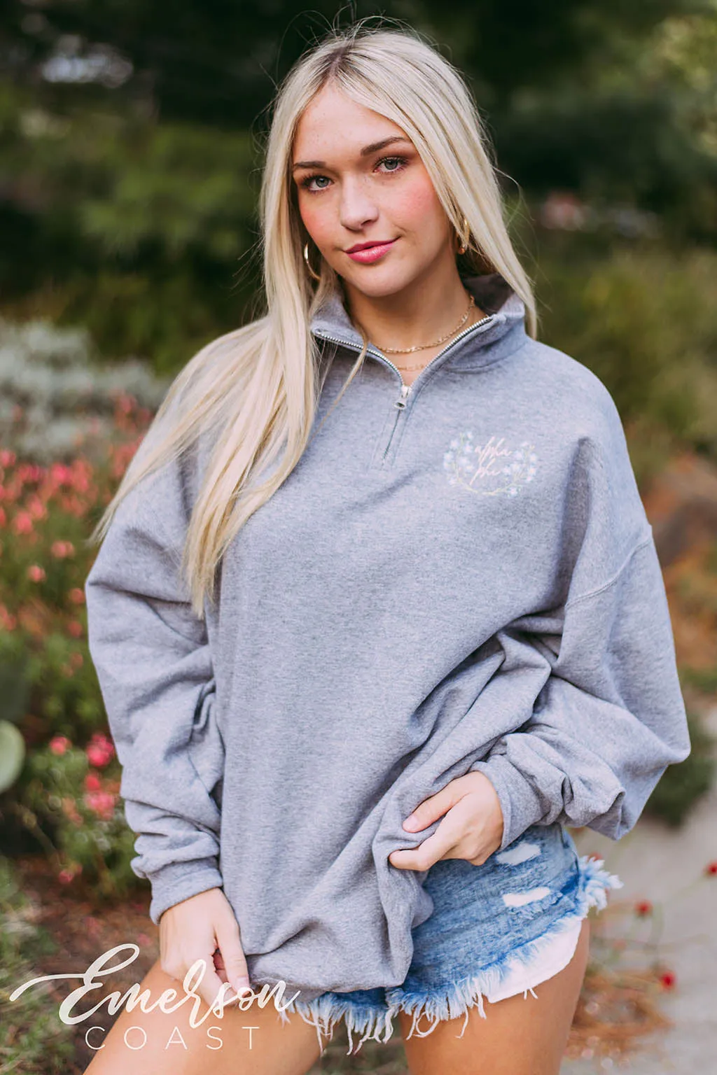 Alpha Phi Simple Floral Quarter Zip Pullover