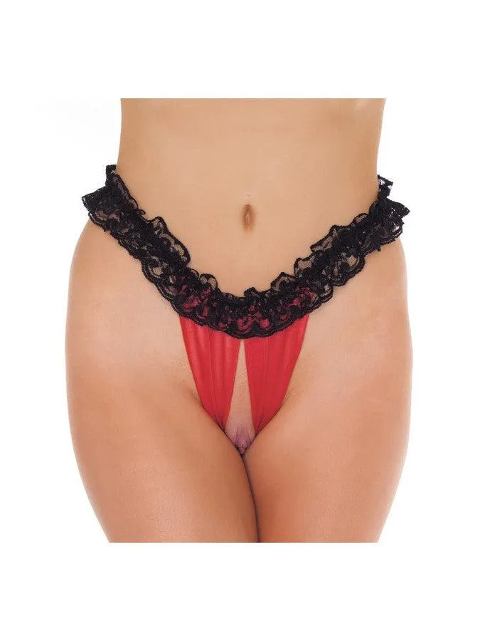 Amorable - Burlesque Slipje Met Kanten Ruche En Open Kruis - Zwart/Rood