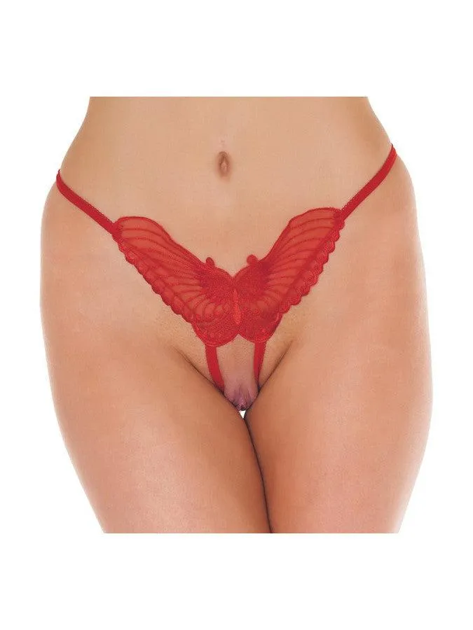 Amorable - Luxe Kanten Vlinder Slip Met Open Kruis - Rood - One Size