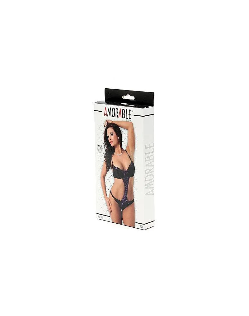 Amorable - Sexy Kanten Body Met Open zijkanten- Zwart/Paars