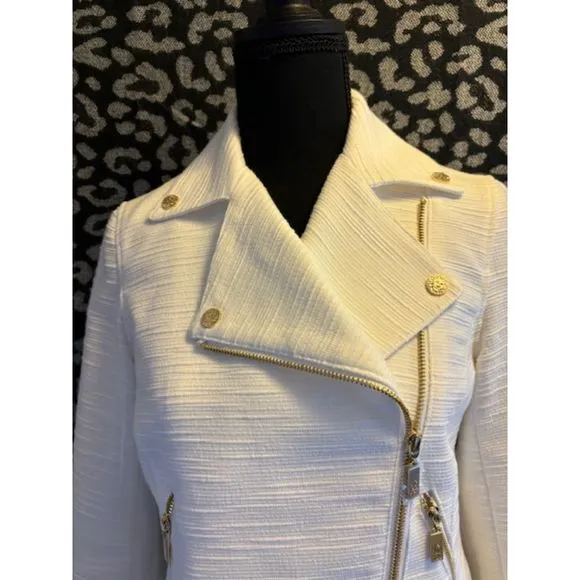 Anne Klein Cream Colored Textured Zip Front Moto Cropped Jacket Sz XS NWT