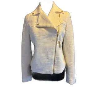 Anne Klein Cream Colored Textured Zip Front Moto Cropped Jacket Sz XS NWT