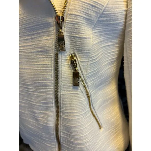 Anne Klein Cream Colored Textured Zip Front Moto Cropped Jacket Sz XS NWT