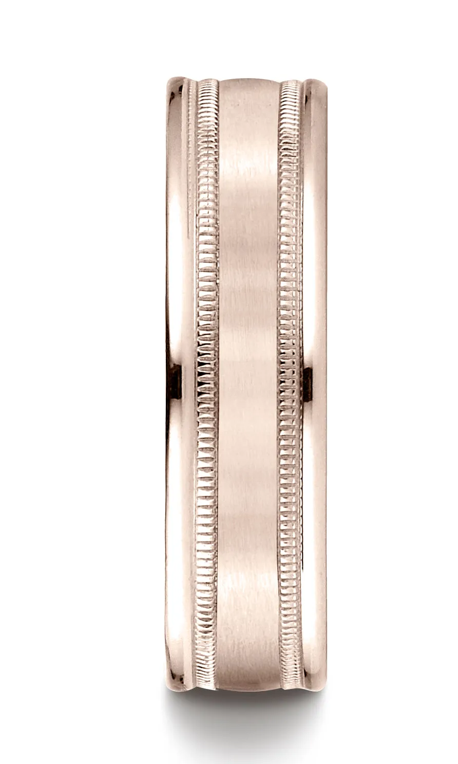 Benchmark 14K Rose Gold 6mm Comfort-Fit Satin Finish Center with Milgrain Round Edge Carved Design Ring