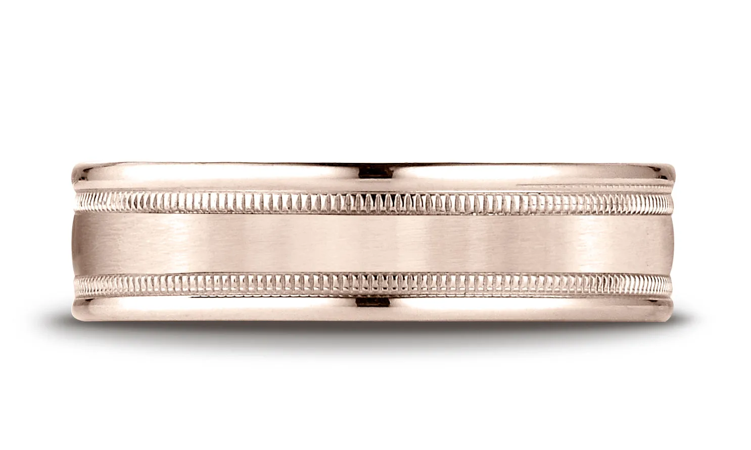 Benchmark 14K Rose Gold 6mm Comfort-Fit Satin Finish Center with Milgrain Round Edge Carved Design Ring