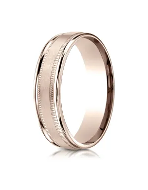 Benchmark 14K Rose Gold 6mm Comfort-Fit Satin Finish Center with Milgrain Round Edge Carved Design Ring