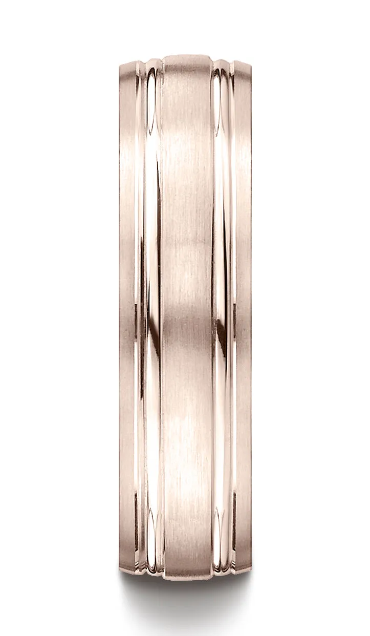 Benchmark 14K Rose Gold 6mm Comfort-Fit Satin-Finished with Parallel Grooves Carved Design Wedding Band
