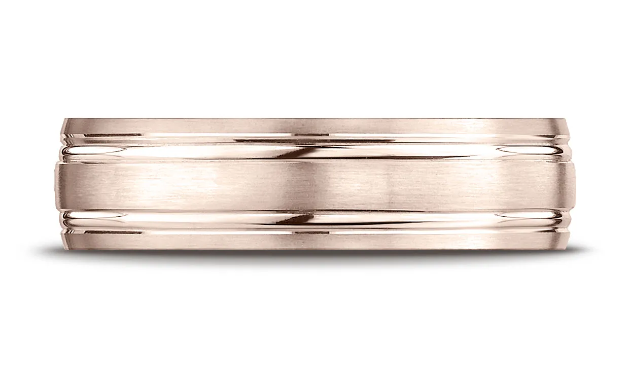 Benchmark 14K Rose Gold 6mm Comfort-Fit Satin-Finished with Parallel Grooves Carved Design Wedding Band