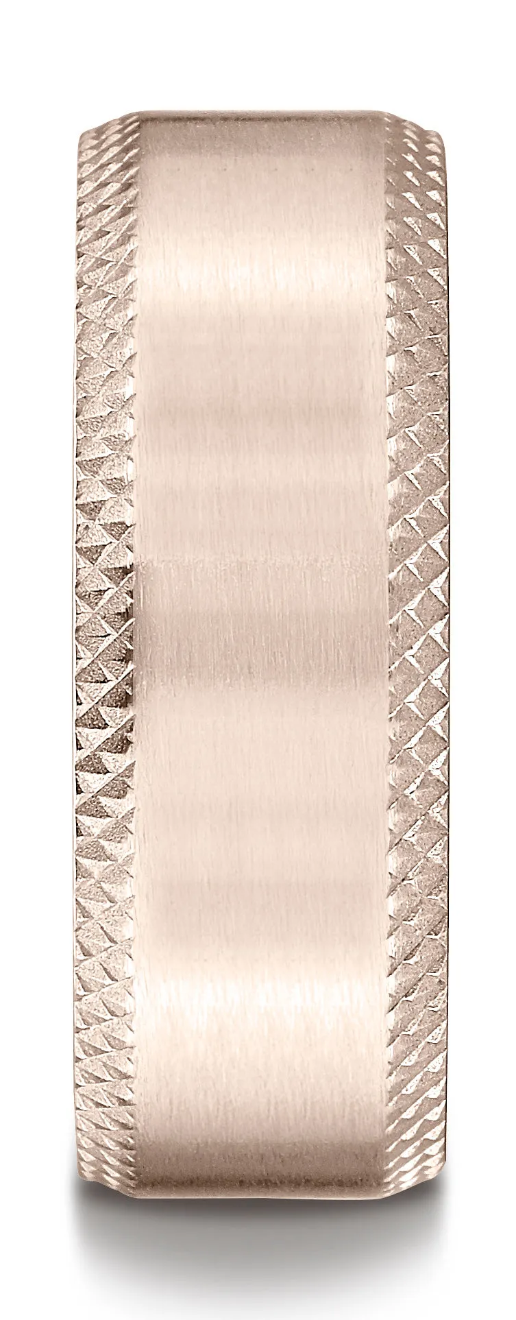 Benchmark 14K Rose Gold 8mm Comfort-Fit with Cross Hatched Beveled Edge Carved Design Wedding Band Ring