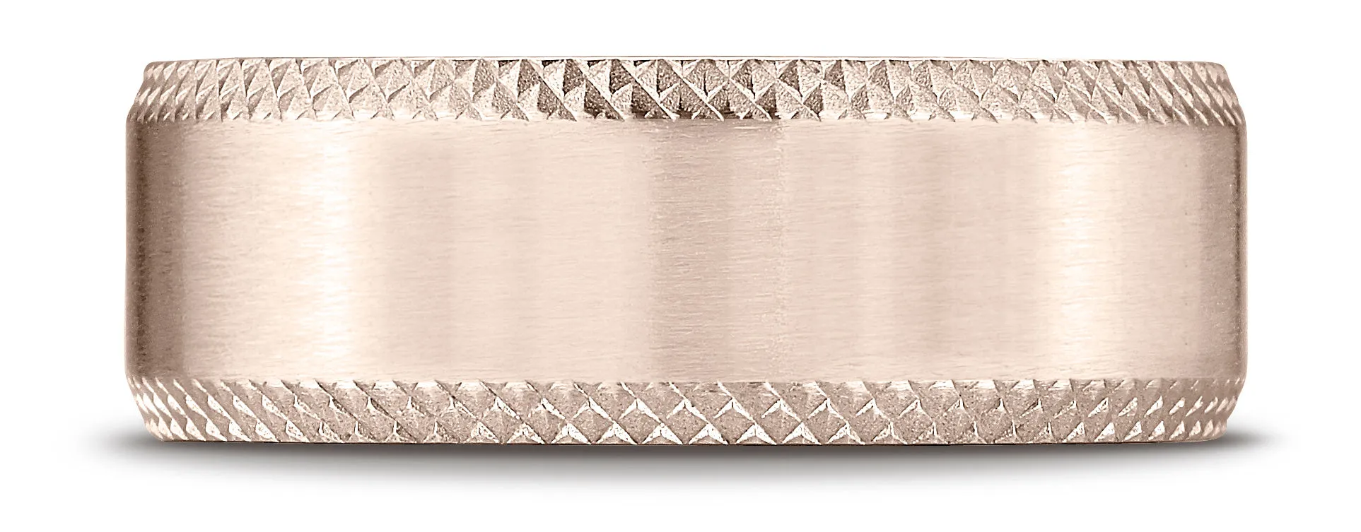 Benchmark 14K Rose Gold 8mm Comfort-Fit with Cross Hatched Beveled Edge Carved Design Wedding Band Ring