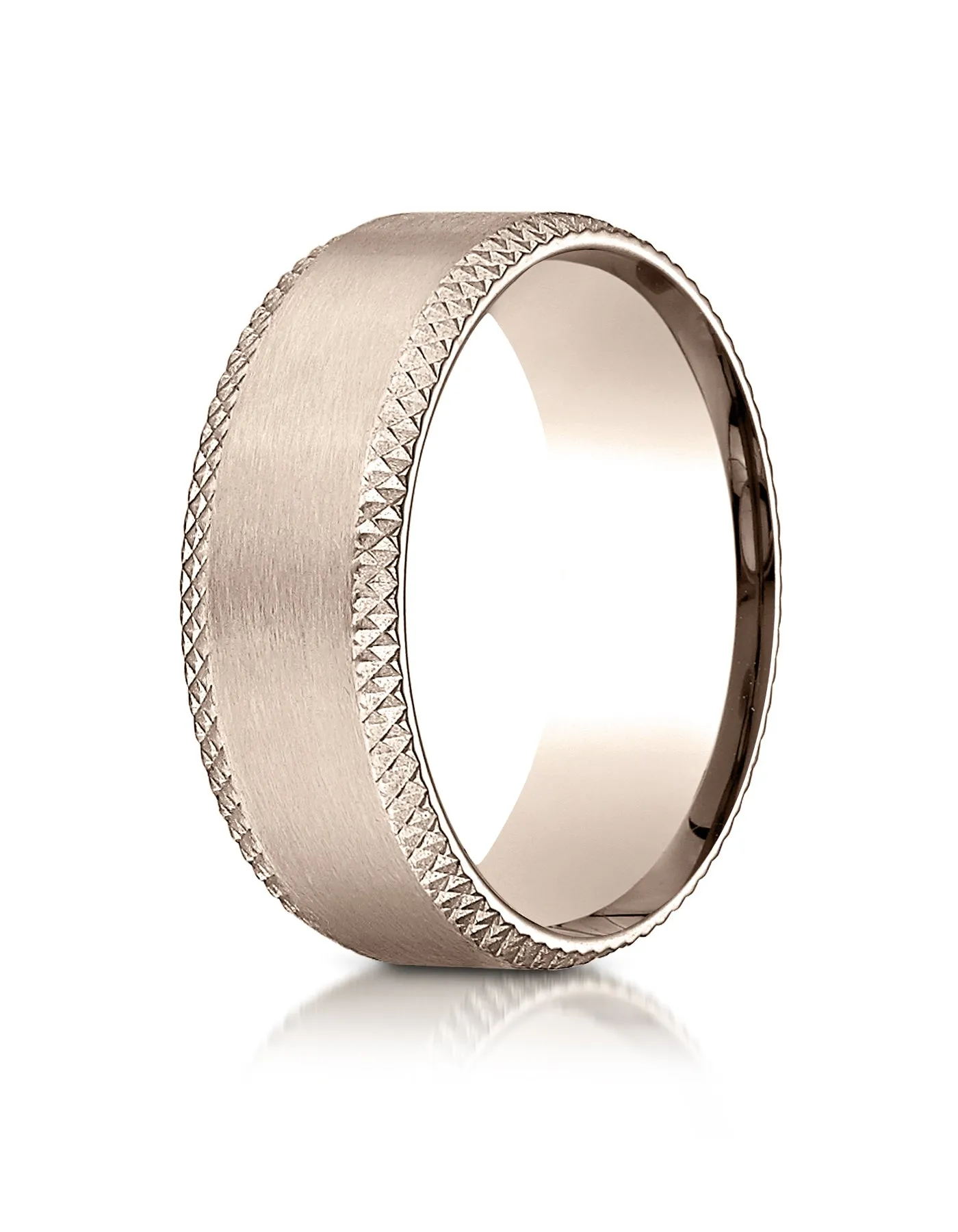 Benchmark 14K Rose Gold 8mm Comfort-Fit with Cross Hatched Beveled Edge Carved Design Wedding Band Ring