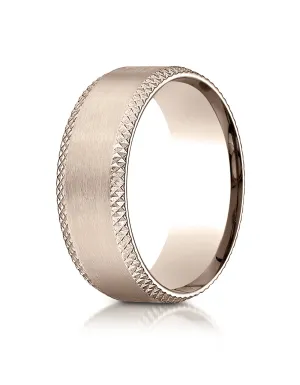 Benchmark 14K Rose Gold 8mm Comfort-Fit with Cross Hatched Beveled Edge Carved Design Wedding Band Ring