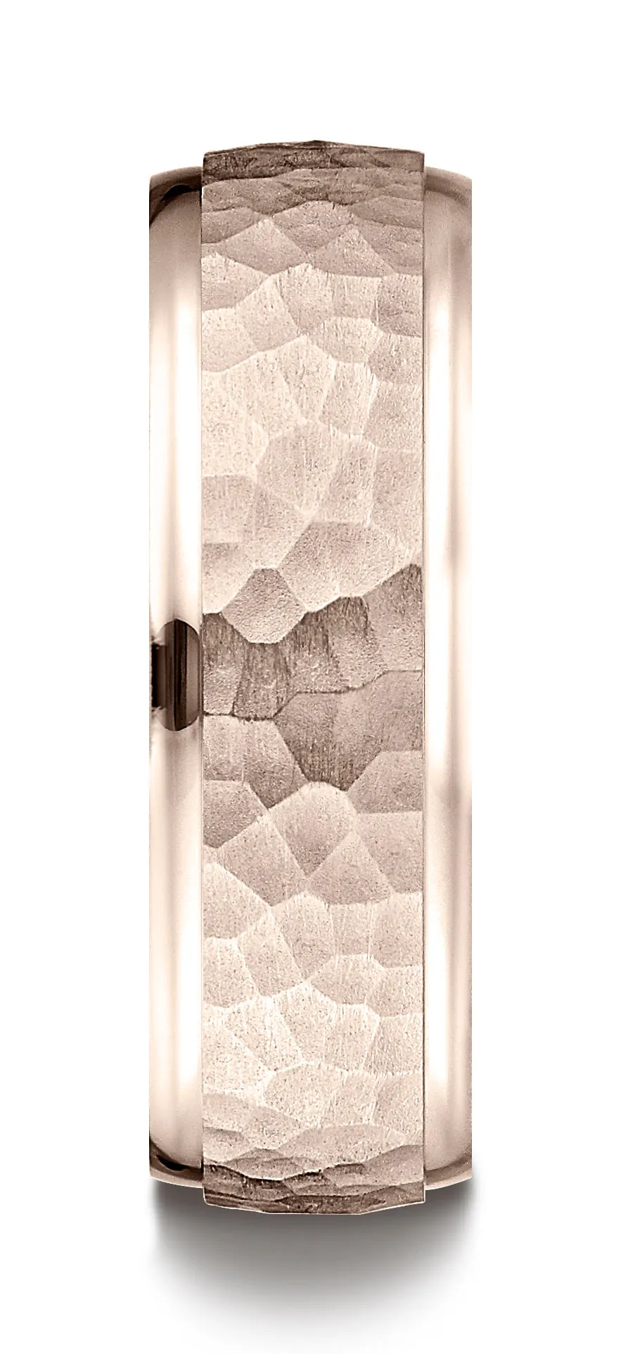 Benchmark 14k Rose Gold Comfort-Fit 7mm High Polish Edge Hammered Center Design Band, (Sizes 6-13)