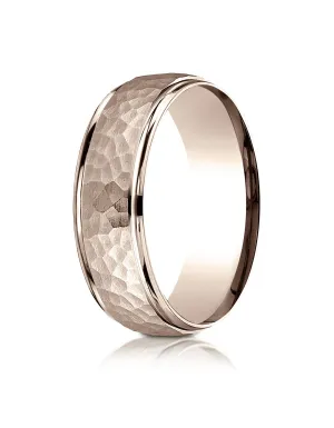 Benchmark 14k Rose Gold Comfort-Fit 7mm High Polish Edge Hammered Center Design Band, (Sizes 6-13)