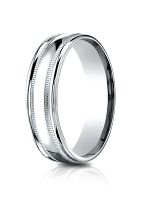 Benchmark 14k White Gold 6.5mm Comfort-Fit, Polished with Milgrain Round Edge Carved Design Band