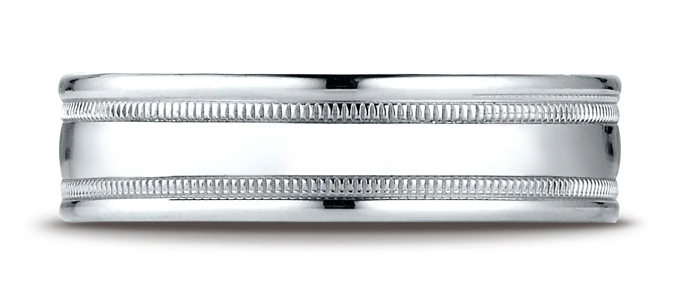 Benchmark 14k White Gold 6.5mm Comfort-Fit, Polished with Milgrain Round Edge Carved Design Band