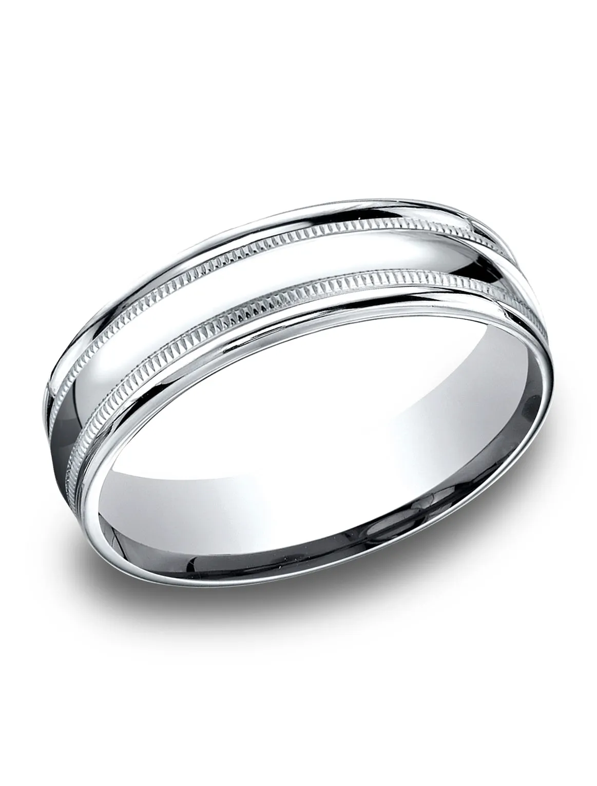 Benchmark 14k White Gold 6.5mm Comfort-Fit, Polished with Milgrain Round Edge Carved Design Band