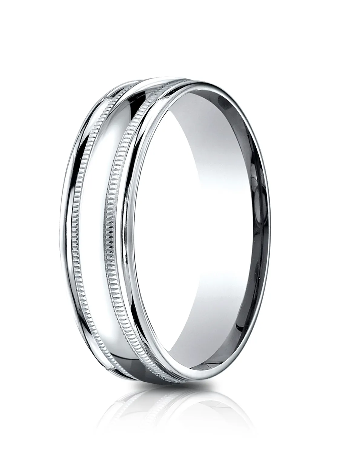 Benchmark 14k White Gold 6.5mm Comfort-Fit, Polished with Milgrain Round Edge Carved Design Band