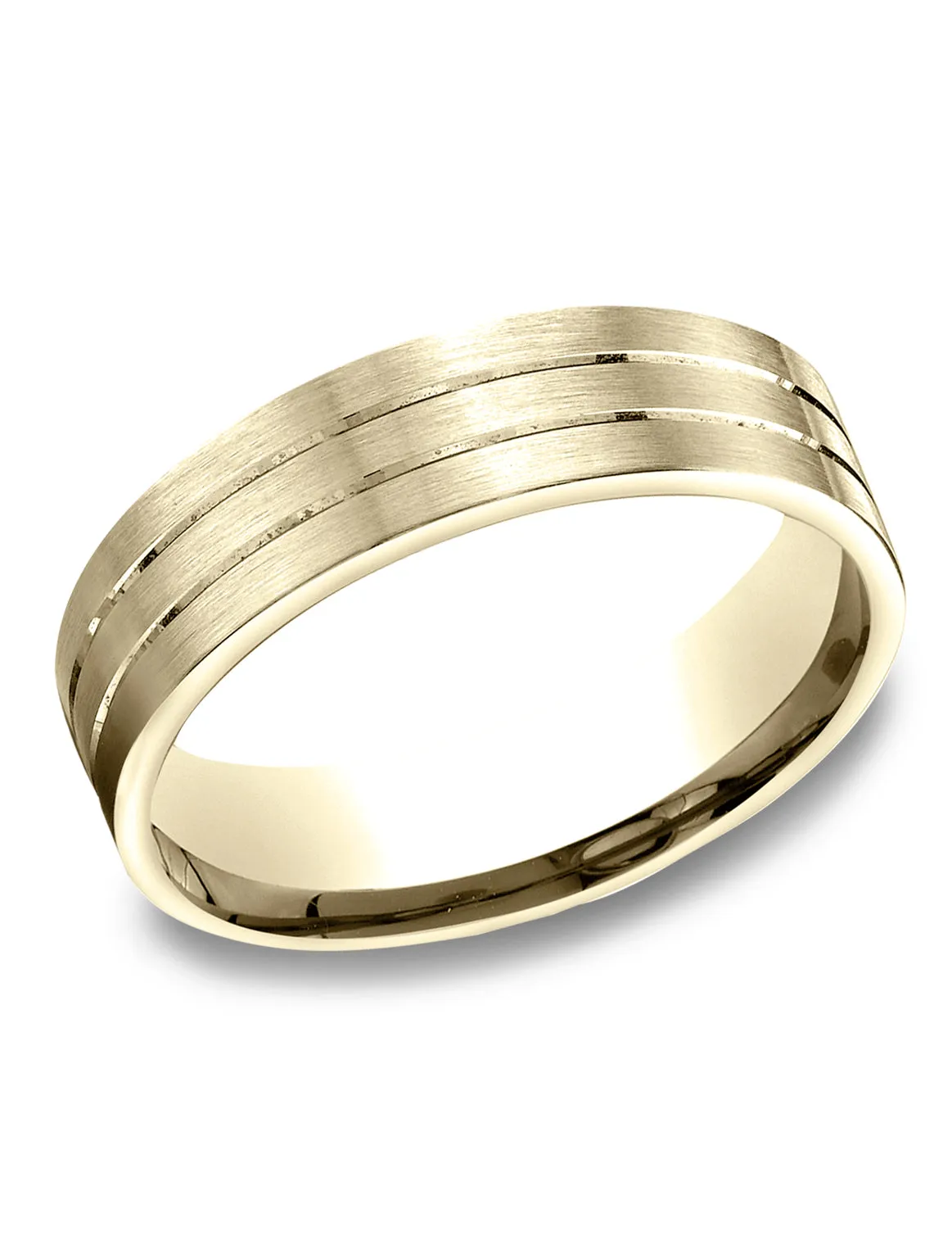 Benchmark 14k Yellow Gold 6.5mm Comfort-Fit Satin-Finished with Parallel Center Cuts Carved Design Band