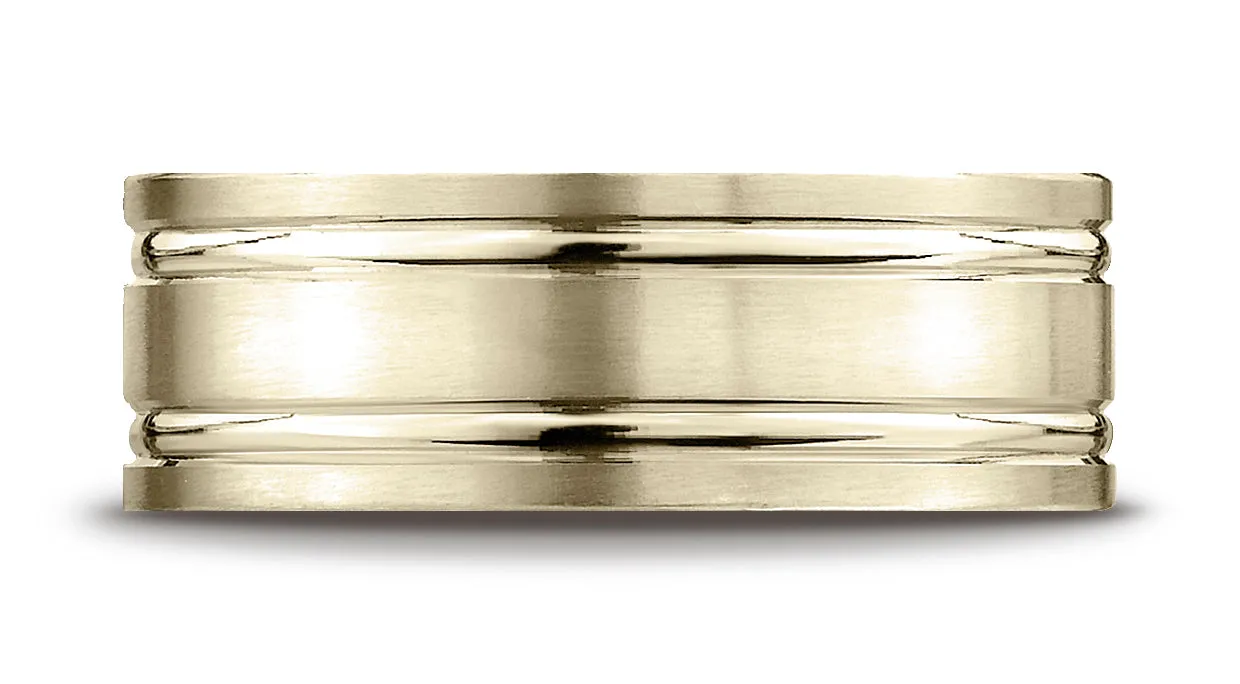 Benchmark 14K Yellow Gold 8mm Comfort-Fit Satin-Finished w/  Parallel Grooves Carved Design Wedding Band