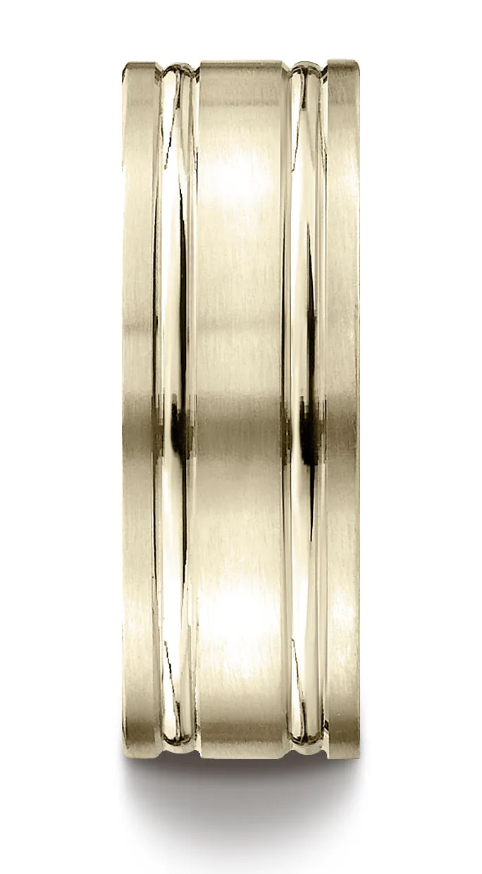 Benchmark 14K Yellow Gold 8mm Comfort-Fit Satin-Finished w/  Parallel Grooves Carved Design Wedding Band