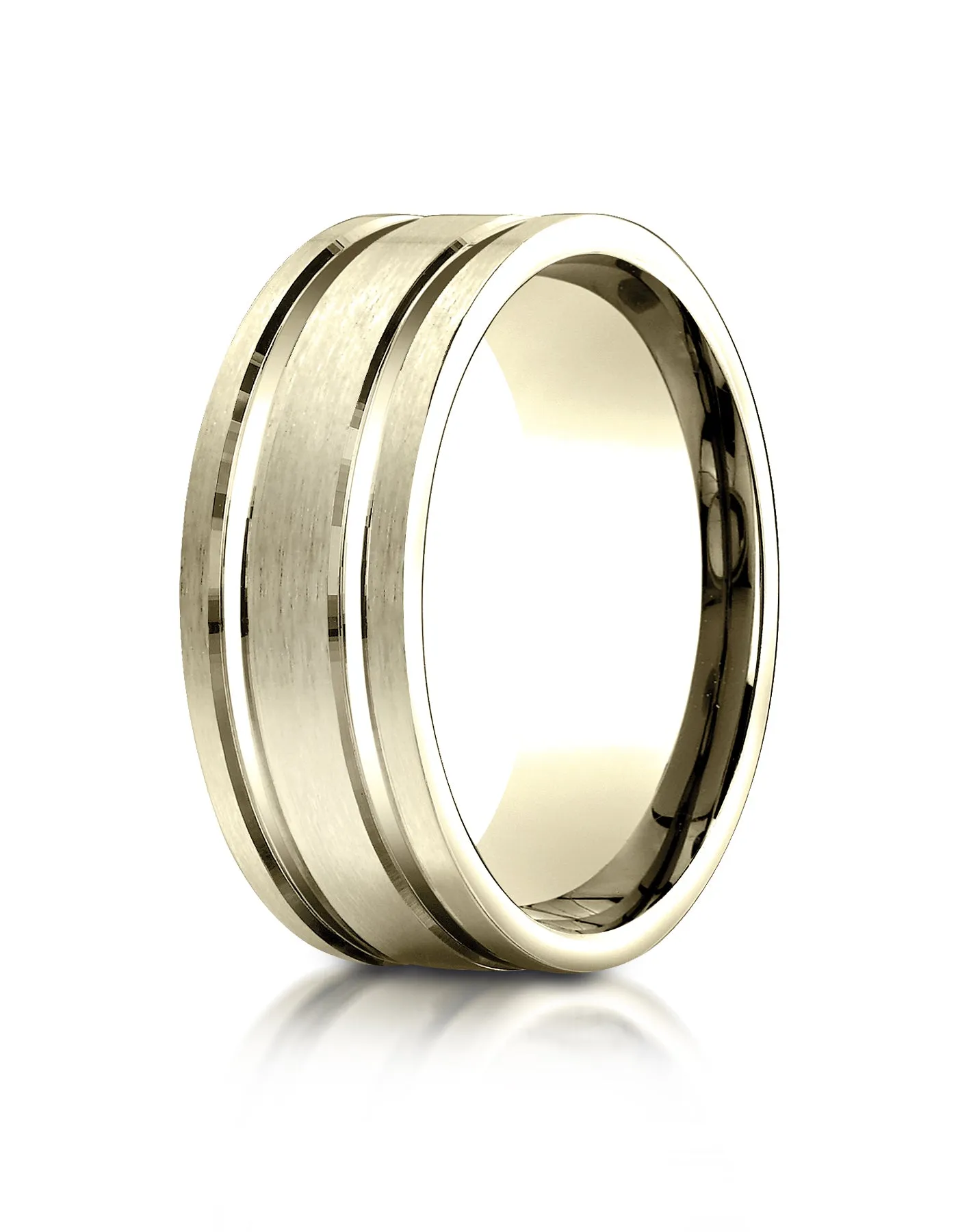 Benchmark 14K Yellow Gold 8mm Comfort-Fit Satin-Finished w/  Parallel Grooves Carved Design Wedding Band