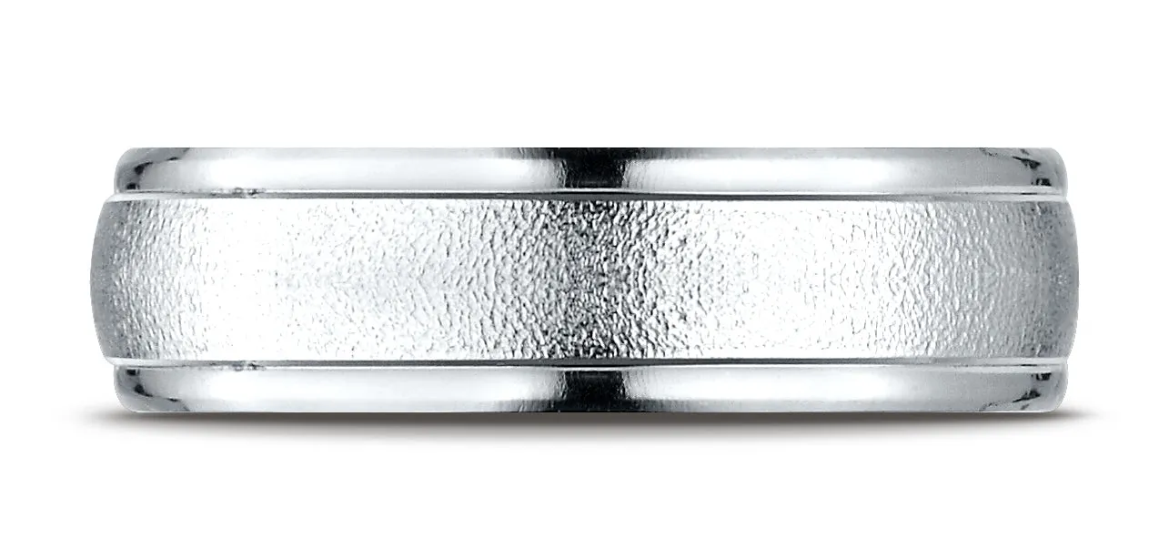 Benchmark 18K White Gold 6mm Comfort-Fit Wired-Finished with Round Edge Carved Design Wedding Band Ring